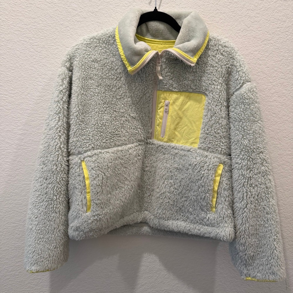 Anthropologie Sherpa Fleece Half Zip Pullover Jacket Neon Trim Mint Green Medium
